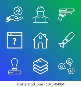 Premium outline set of icons containing gun, technology, firearm, person, screen, property, man, dollar, worker, display. Simple, modern flat vector illustration for mobile app, website or desktop app
