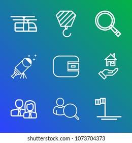 Premium outline set of icons containing astronomy, architecture, railway, night, cash, money, railroad, house, sky, star. Simple, modern flat vector illustration for mobile app, website or desktop app