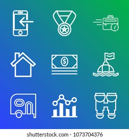 Premium outline set of icons containing success, home, transportation, trophy, winner, late, phone, travel, technology. Simple, modern flat vector illustration for mobile app, website or desktop app