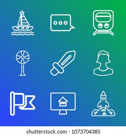 Premium outline set of icons containing electric, america, yacht, web, railway, national, estate, blade, business, human. Simple, modern flat vector illustration for mobile app, website or desktop app