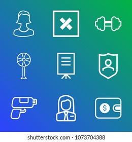 Premium outline set of icons containing game, gun, closed, business, protection, cash, employer, security, money, purse. Simple, modern flat vector illustration for mobile app, website or desktop app