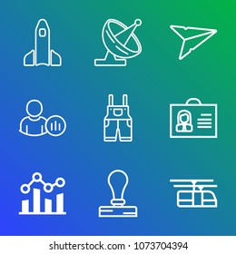 Premium outline set of icons containing rail, trend, sky, graph, stationery, science, work, internet, train, person. Simple, modern flat vector illustration for mobile app, website or desktop app