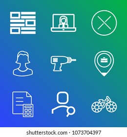 Premium outline set of icons containing machine, news, cycle, equipment, web, call, construction, media, profile, head. Simple, modern flat vector illustration for mobile app, website or desktop app