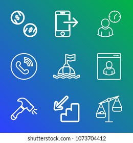 Premium outline set of icons containing currency, office, ring, business, construction, balance, up, life, down, bank. Simple, modern flat vector illustration for mobile app, website or desktop app