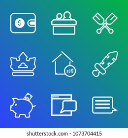 Premium outline set of icons containing finance, web, bank, medieval, presentation, public, knight, pay, property, real. Simple, modern flat vector illustration for mobile app, website or desktop app