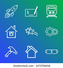 Premium outline set of icons containing train, construction, launch, money, falling, sunglasses, sign, travel, telephone. Simple, modern flat vector illustration for mobile app, website or desktop app