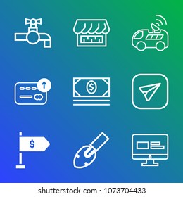 Premium outline set of icons containing road, bathroom, business, water, store, message, car, satellite, wealth, front. Simple, modern flat vector illustration for mobile app, website or desktop app