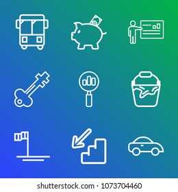 Premium outline set of icons containing coin, car, blue, urban, key, downstairs, mexico, businessman, speed, search, bus. Simple, modern flat vector illustration for mobile app, website or desktop app