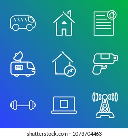 Premium outline set of icons containing estate, gun, contract, exercise, web, technology, direction, move, bus, radio. Simple, modern flat vector illustration for mobile app, website or desktop app