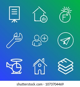 Premium outline set of icons containing thermometer, presentation, seminar, business, speaker, add, user, fahrenheit. Simple, modern flat vector illustration for mobile app, website or desktop app