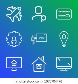 Premium outline set of icons containing account, balance, aircraft, search, online, credit, transportation, property, go. Simple, modern flat vector illustration for mobile app, website or desktop app