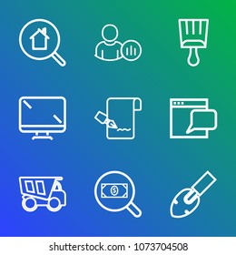 Premium outline set of icons containing pen, sign, truck, business, media, digital, house, internet, website, estate. Simple, modern flat vector illustration for mobile app, website or desktop app