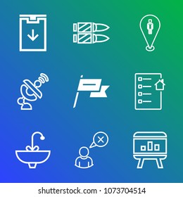 Premium outline set of icons containing pin, template, wind, infographic, arrow, internet, nation, button, weapon, chart. Simple, modern flat vector illustration for mobile app, website or desktop app