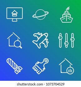 Premium outline set of icons containing science, bomb, house, concept, technology, space, home, search, plane, planet, . Simple, modern flat vector illustration for mobile app, website or desktop app