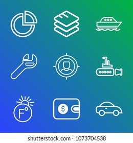 Premium outline set of icons containing yacht, boat, transportation, cash, graph, repair, marketing, graphic, network. Simple, modern flat vector illustration for mobile app, website or desktop app