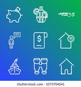 Premium outline set of icons containing communication, architecture, dangerous, money, explosive, economy, finance, view. Simple, modern flat vector illustration for mobile app, website or desktop app