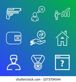 Premium outline set of icons containing architecture, page, award, building, caliber, personal, handgun, progress, man. Simple, modern flat vector illustration for mobile app, website or desktop app