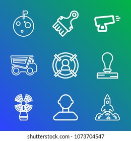 Premium outline set of icons containing stationery, star, concept, crater, brush, paintbrush, stamp, white, target, moon. Simple, modern flat vector illustration for mobile app, website or desktop app