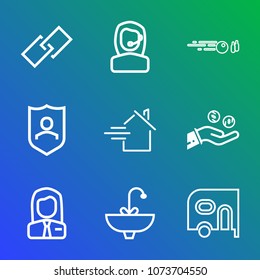 Premium outline set of icons containing interface, center, job, call, rent, van, computer, water, protection, transport. Simple, modern flat vector illustration for mobile app, website or desktop app