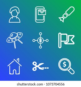 Premium outline set of icons containing sign, space, business, mail, girl, human, weapon, phone, estate, internet, house. Simple, modern flat vector illustration for mobile app, website or desktop app