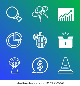 Premium outline set of icons containing circle, pie, package, spaceship, business, sign, sky, web, trend, graph, vehicle. Simple, modern flat vector illustration for mobile app, website or desktop app