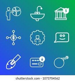 Premium outline set of icons containing face, mobile, business, web, people, finance, conference, nuclear, falling, cash. Simple, modern flat vector illustration for mobile app, website or desktop app
