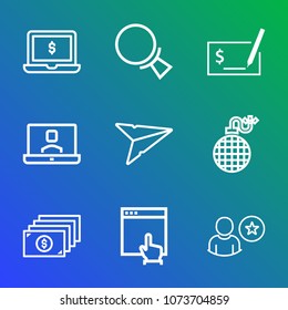 Premium outline set of icons containing explosion, cash, young, call, hand, search, banking, screen, magnifying, write. Simple, modern flat vector illustration for mobile app, website or desktop app