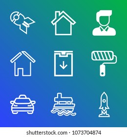 Premium outline set of icons containing man, boat, roller, tool, ship, nuclear, war, falling, explosive, download, space. Simple, modern flat vector illustration for mobile app, website or desktop app