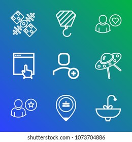 Premium outline set of icons containing application, bathroom, architecture, sink, internet, space, spacecraft, social. Simple, modern flat vector illustration for mobile app, website or desktop app