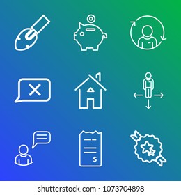 Premium outline set of icons containing business, banking, investment, profile, ribbon, architecture, coin, chat, paper. Simple, modern flat vector illustration for mobile app, website or desktop app