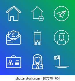 Premium outline set of icons containing real, beach, employer, room, apartment, internet, property, person, message, box. Simple, modern flat vector illustration for mobile app, website or desktop app