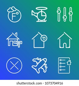 Premium outline set of icons containing building, buy, business, celsius, graphic, rent, aviation, temperature, equality. Simple, modern flat vector illustration for mobile app, website or desktop app