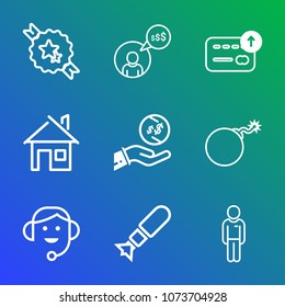 Premium outline set of icons containing banner, freelancer, finance, person, office, man, computer, estate, badge, money. Simple, modern flat vector illustration for mobile app, website or desktop app