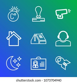 Premium outline set of icons containing template, weapon, center, telephone, falling, branding, thermometer, stationery. Simple, modern flat vector illustration for mobile app, website or desktop app