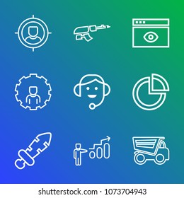 Premium outline set of icons containing headset, chart, target, dumper, automatic, business, internet, sword, center. Simple, modern flat vector illustration for mobile app, website or desktop app