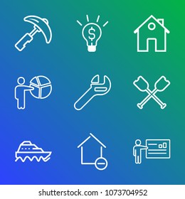 Premium outline set of icons containing property, repair, crane, work, meeting, ship, tool, conference, architecture. Simple, modern flat vector illustration for mobile app, website or desktop app