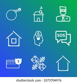 Premium outline set of icons containing coin, satellite, bomb, modern, web, sos, money, explosive, estate, property, war. Simple, modern flat vector illustration for mobile app, website or desktop app