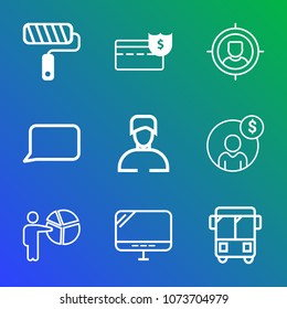 Premium outline set of icons containing transport, bus, paintbrush, cash, male, coin, bank, pc, work, banking, financial. Simple, modern flat vector illustration for mobile app, website or desktop app
