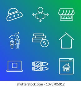 Premium outline set of icons containing fantasy, curtain, house, profile, arrow, science, money, success, progress, sign. Simple, modern flat vector illustration for mobile app, website or desktop app