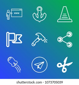 Premium outline set of icons containing ladder, ship, usa, tool, construction, national, craft, share, social, sign, go. Simple, modern flat vector illustration for mobile app, website or desktop app