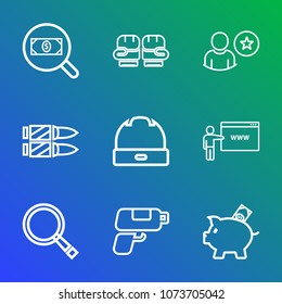 Premium outline set of icons containing game, search, finance, profile, business, boxing, pistol, application, army, gun. Simple, modern flat vector illustration for mobile app, website or desktop app