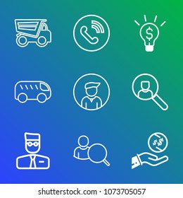 Premium outline set of icons containing call, contact, business, bus, male, vehicle, user, success, cargo, finance, ring. Simple, modern flat vector illustration for mobile app, website or desktop app