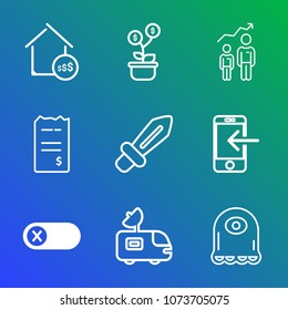 Premium outline set of icons containing housing, monster, business, estate, off, turn, finance, growth, phone, transfer. Simple, modern flat vector illustration for mobile app, website or desktop app