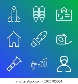 Premium outline set of icons containing business, spaceship, night, building, science, architecture, weapon, identity, . Simple, modern flat vector illustration for mobile app, website or desktop app
