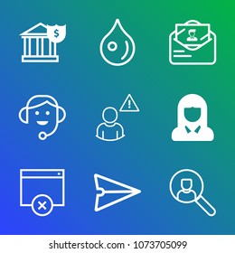 Premium outline set of icons containing network, droplet, liquid, money, concept, headset, office, bank, transparent. Simple, modern flat vector illustration for mobile app, website or desktop app