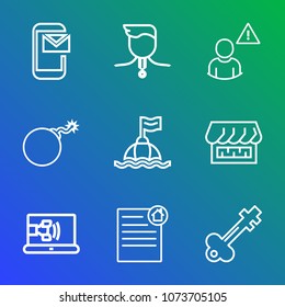 Premium outline set of icons containing weapon, document, medal, communication, sea, contract, life, sport, safety, sign. Simple, modern flat vector illustration for mobile app, website or desktop app