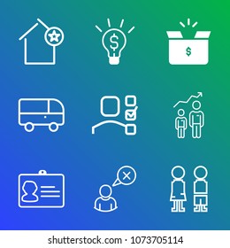 Premium outline set of icons containing package, development, transport, businessman, success, creativity, identity, boy. Simple, modern flat vector illustration for mobile app, website or desktop app