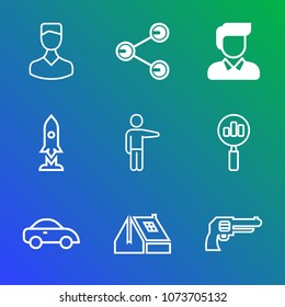 Premium outline set of icons containing internet, social, handgun, magnifying, sign, people, element, casual, window. Simple, modern flat vector illustration for mobile app, website or desktop app