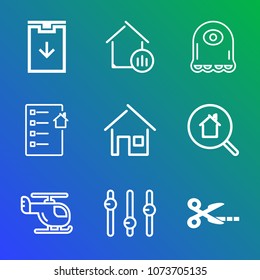 Premium outline set of icons containing cut, transportation, fly, architecture, helicopter, website, web, building, tool. Simple, modern flat vector illustration for mobile app, website or desktop app