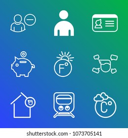 Premium outline set of icons containing fahrenheit, personal, security, delete, train, thermometer, transportation, home. Simple, modern flat vector illustration for mobile app, website or desktop app